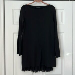 Zara‎ Black Dress Bell Sleeve Tulle Hem Mini Dress Little Black Dress S
